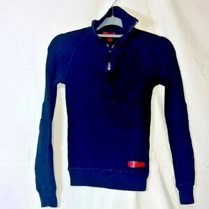 Burberry Mens Navy Wool Blend 1/4 Zip Mock Turtleneck W/Logo SZ S